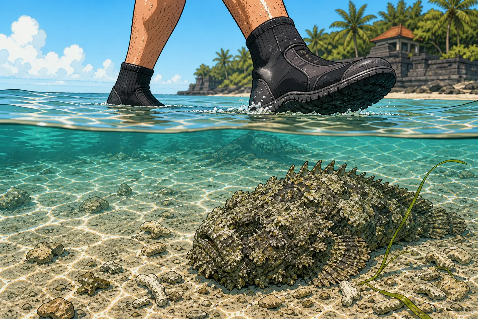 Cel-shaded split-level illustration of a person wearing neoprene reef boots shuffling through knee-deep turquoise shallows in Bali, with a superbly camouflaged stonefish lying motionless on the sandy rubble bottom just ahead of their feet.