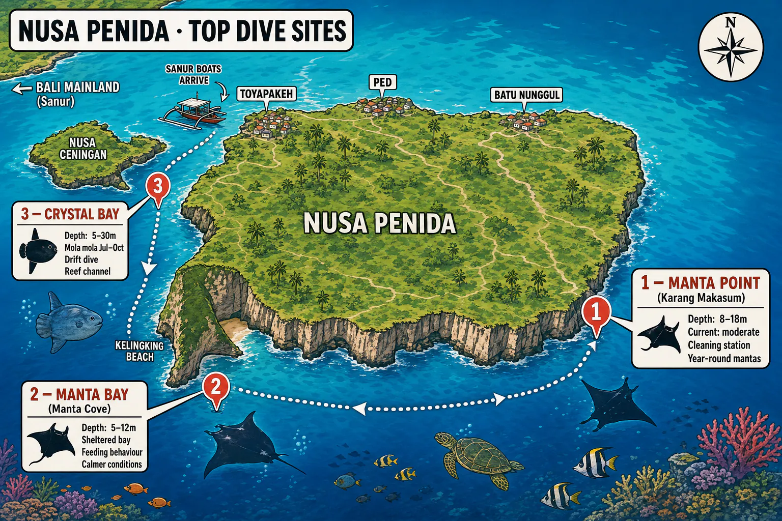 Map of Nusa Penida showing the three main dive sites used on a Sanur day trip: Manta Point on the south-east coast, Manta Bay on the south-west near Kelingking, and Crystal Bay on the west coast in the Ceningan Strait.