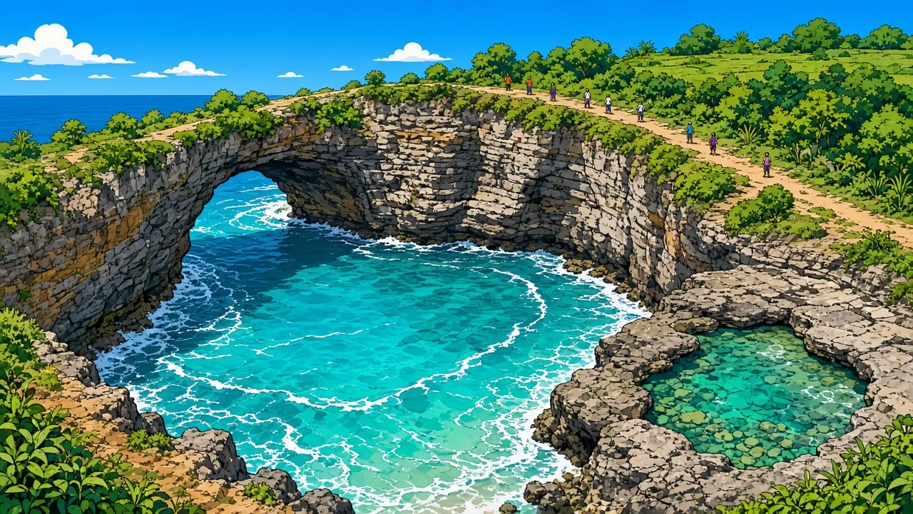 Broken Beach on Nusa Penida, a circular turquoise cove ringed by cliffs and joined to the ocean by a natural rock arch, with visitors on the clifftop path and the clear rock pool of Angel's Billabong on a rock shelf beside it.