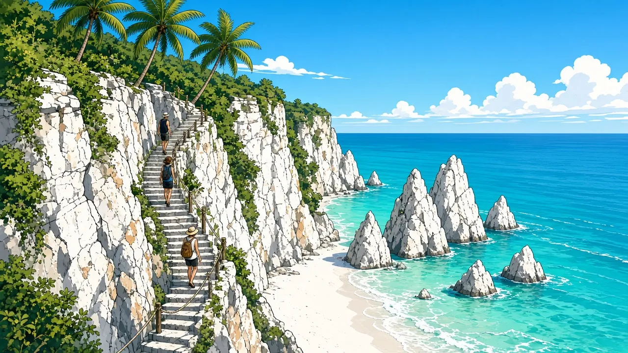 Travellers walking down a zig-zag staircase carved into a white limestone cliff with a rope handrail, leading to Diamond Beach on Nusa Penida with its white sand and pointed rock pinnacles in turquoise water.