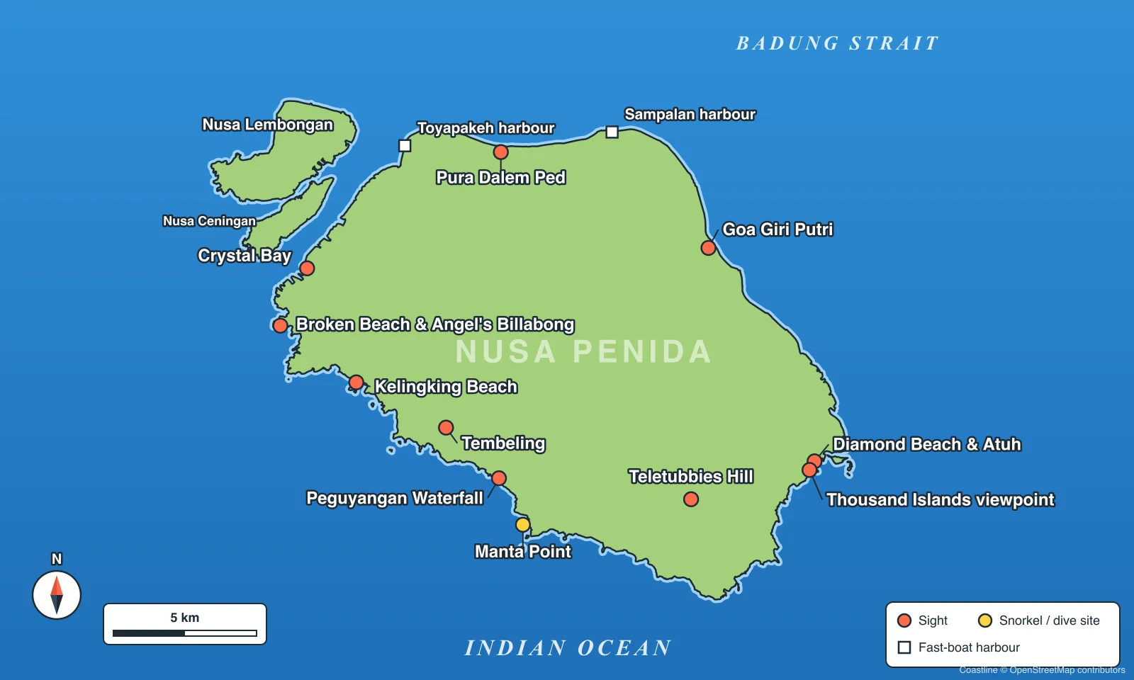 Map of Nusa Penida showing Crystal Bay, Broken Beach and Angel's Billabong, Kelingking Beach, Tembeling and Peguyangan Waterfall on the west and south coasts, Teletubbies Hill inland, Diamond Beach, Atuh and the Thousand Islands viewpoint on the east coast, Goa Giri Putri and Pura Dalem Ped on the north coast, Manta Point offshore, and the Toyapakeh and Sampalan harbours.