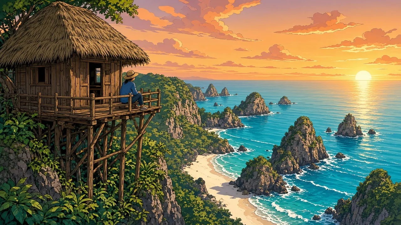 A traveller on the balcony of a thatched treehouse on stilts at the edge of a cliff on Nusa Penida's east coast, watching the sunrise over rocky islets and Atuh Beach.
