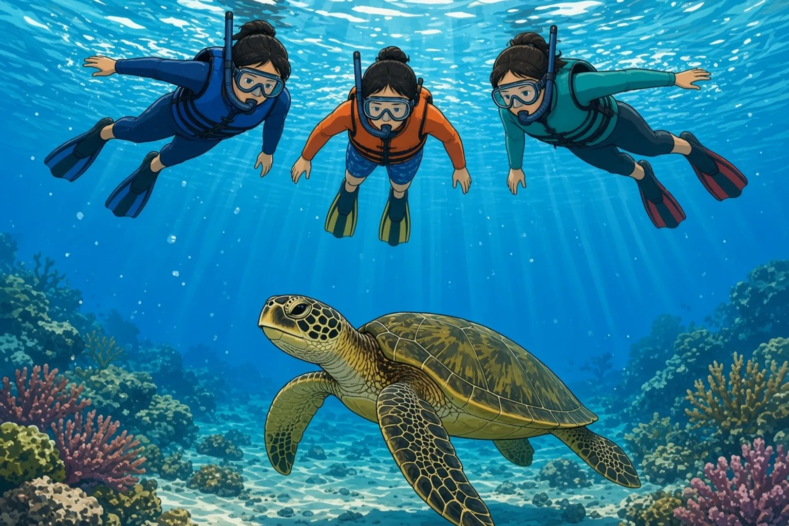 Underwater view of three snorkelers in life vests floating at the surface of Crystal Bay, Nusa Penida, faces in the water and arms relaxed, looking down at a green sea turtle swimming over coral and white sand below them.
