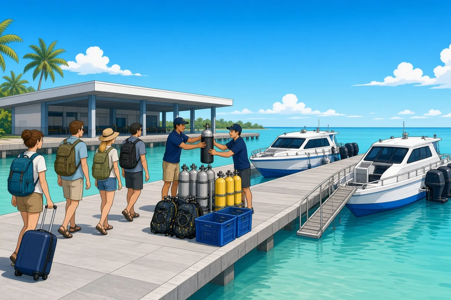 Sanur Harbour in Bali at around seven in the morning, with fast boats moored along the concrete pier, divers loading tanks and gear, and passengers walking out from the covered terminal building.