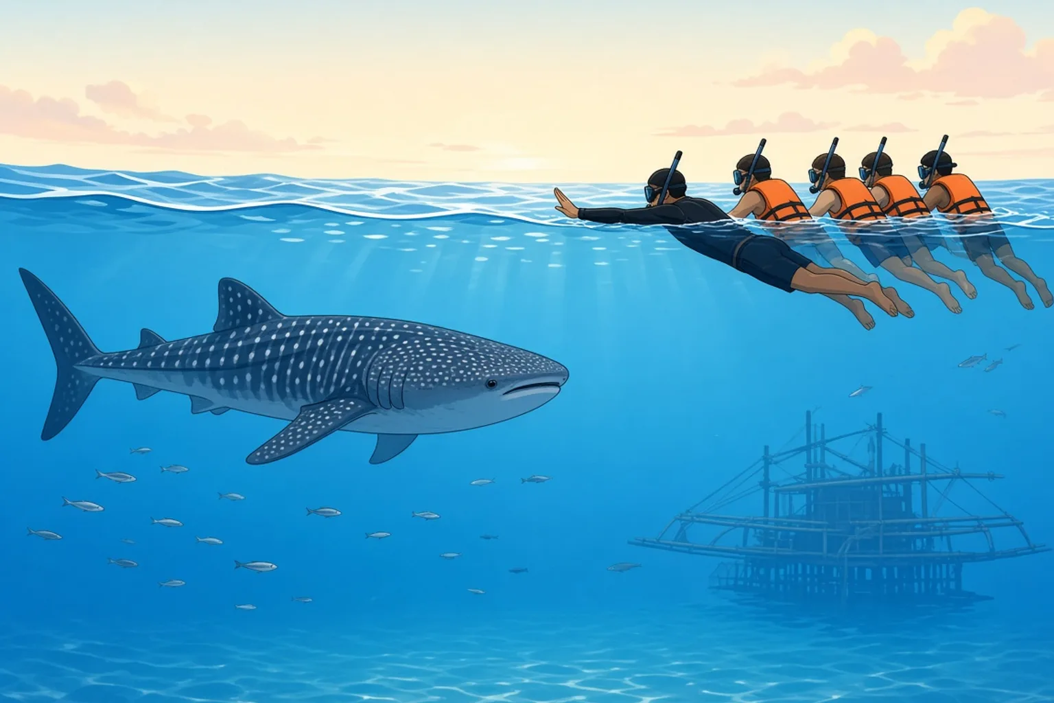 An Indonesian dive guide floating face-down at the surface with one arm extended sideways to hold back four snorkelers in life vests, all of them on top of the water with snorkel tips in the air, keeping a wide gap of open blue water between the group and a large whale shark cruising past well below them, a wooden bagan platform faint in the background.