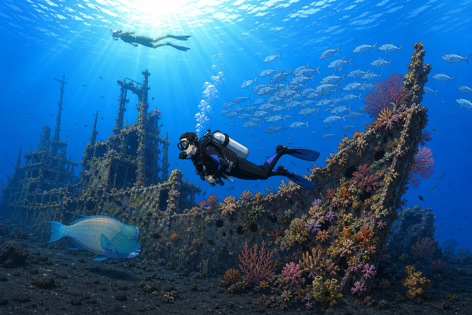 Cel-shaded illustration of the USAT Liberty shipwreck at Tulamben covered in colorful coral, a scuba diver with regulator swimming along the hull, a school of jackfish overhead and a snorkeler floating at the sunlit surface.