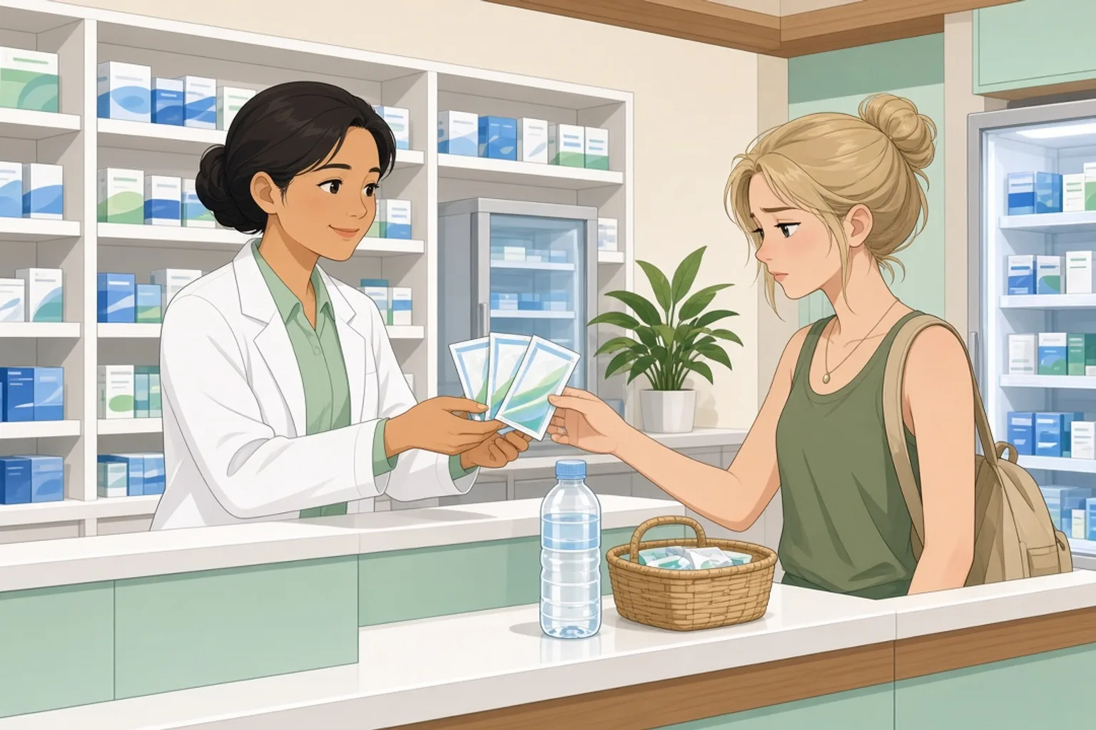 The counter of an Indonesian apotek pharmacy in Bali, with a pharmacist in a white coat handing a small stack of oral rehydration salt sachets across the counter to a traveller, shelves of boxed medicines behind.
