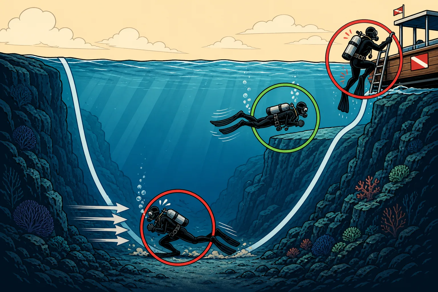 Comic-style diagram of a dive profile flagging three moments with coloured rings, a diver at the bottom finning hard against current arrows circled in red, a diver hovering calmly at the shallow safety stop circled in green, and a diver hauling themselves up a boat ladder in full scuba kit circled in red