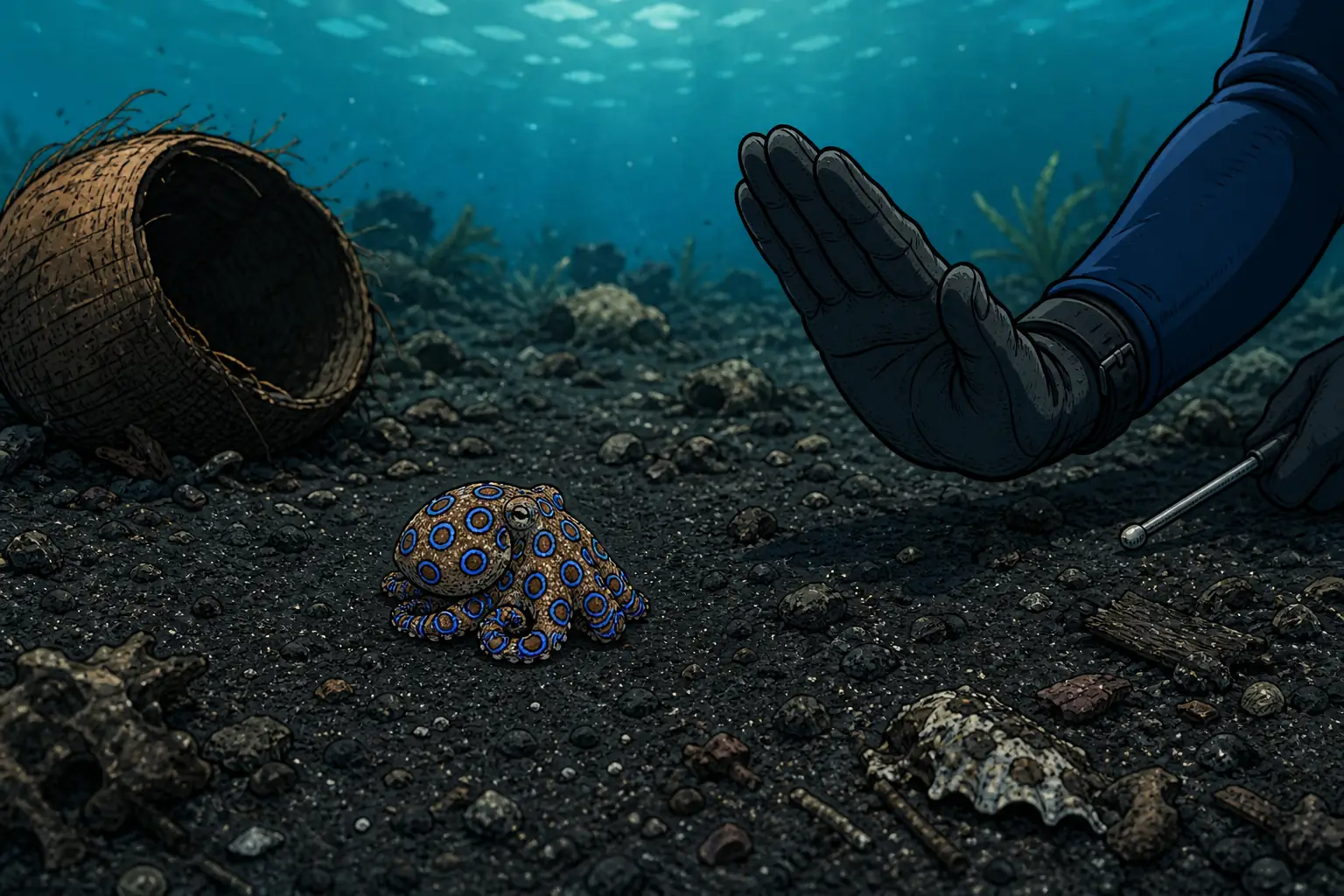 Cel-shaded underwater illustration of a small blue-ringed octopus displaying its electric blue warning rings on dark volcanic sand at a Bali muck diving site, with a diver's gloved hand held back at a respectful distance in a deliberate do-not-touch gesture.