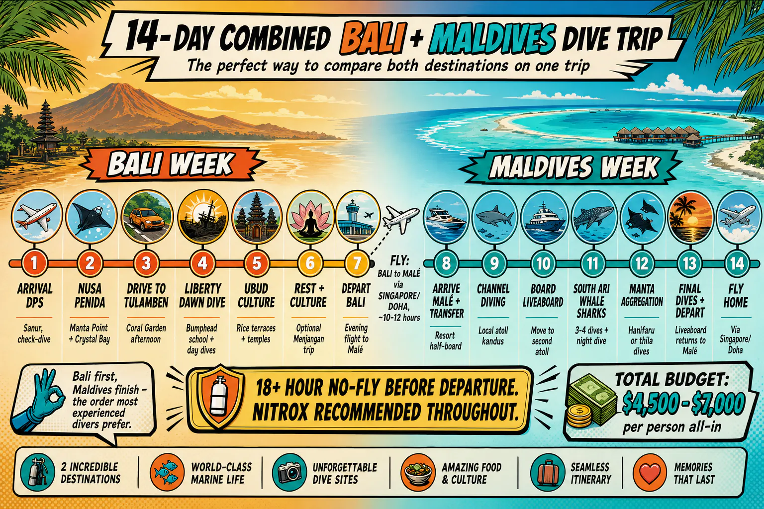 Stylised 14-day combined Bali and Maldives itinerary infographic showing day-by-day plan: arrival in Bali, 4 days of Bali diving covering Tulamben Liberty wreck and Nusa Penida manta dives, cultural day in Ubud, flight from Bali to Malé via Singapore, 5 nights on a Maldives liveaboard with whale shark and channel dives, return via Singapore to home.