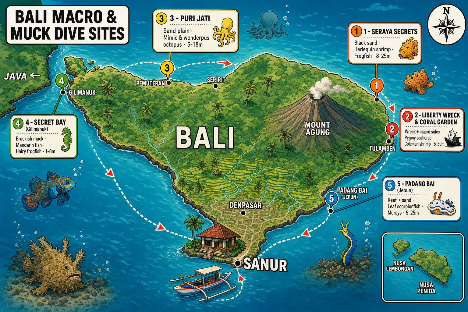 Map of Bali highlighting the top five macro and muck dive sites: Seraya Secrets and Liberty area in Tulamben on the east coast, Padang Bai on the south-east, Puri Jati on the north coast near Pemuteran, and Secret Bay in Gilimanuk on the far west.