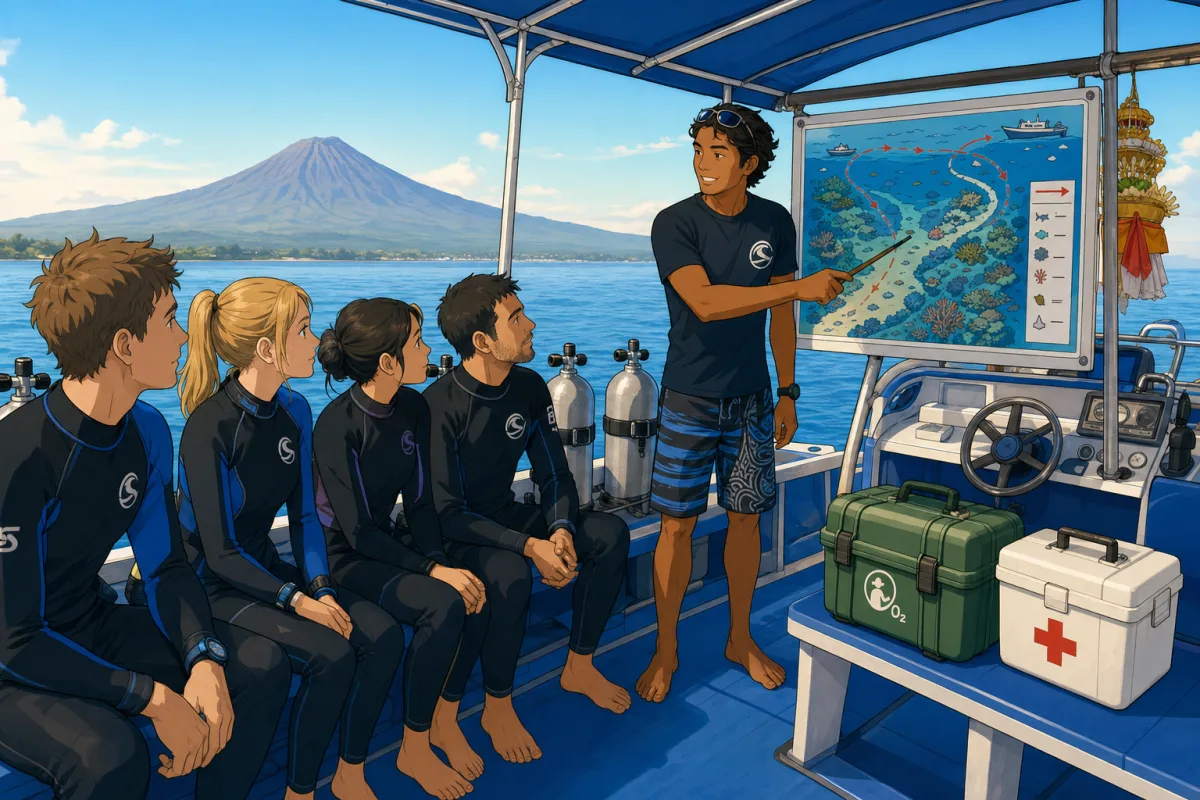 Cel-shaded illustration of a dive guide giving a pre-dive safety briefing on the deck of a Bali dive boat: guests in wetsuits seated listening, the guide pointing at a laminated site map of a reef, a green oxygen kit and first-aid box visible by the console, Mount Agung and morning sea in the background.