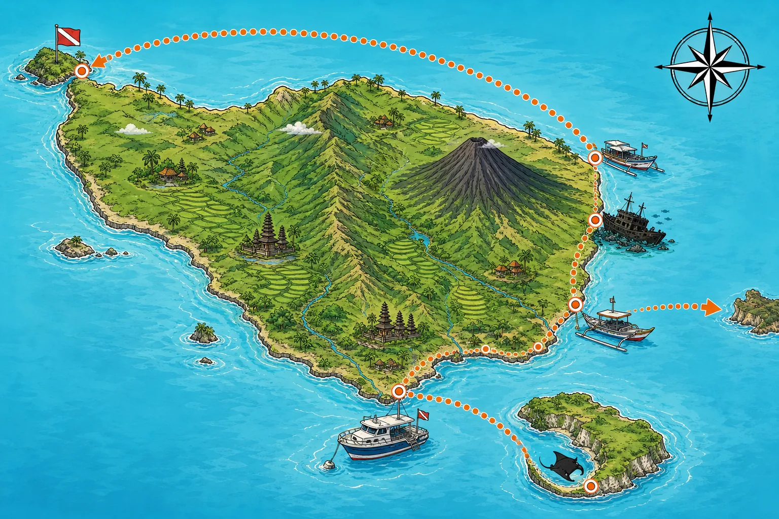 Cel-shaded stylised top-down map of Bali island showing the recommended 14-day Bali dive trip itinerary as dotted orange route lines, with a dive boat icon at Sanur on the south coast, a manta ray icon at Nusa Penida island, a jukung outrigger boat icon at Padang Bai, a USAT Liberty shipwreck silhouette at Tulamben, another jukung icon at Amed, a small island with dive flag at Menjangan, a dotted orange arrow extending eastward toward a tiny Komodo island shape, scattered palm trees along the coast and a compass rose in the top-right corner.