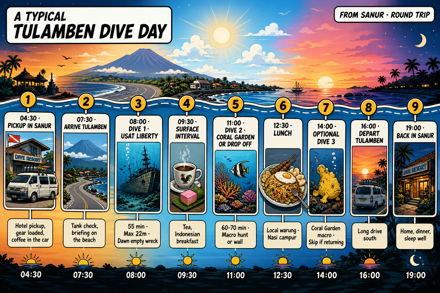 Infographic timeline of a typical Tulamben dive day from Sanur showing 4am pickup, 7am arrival, dawn dive on USAT Liberty, second dive at Coral Garden, lunch, third dive at Drop Off or Seraya, and 6pm return to Sanur.