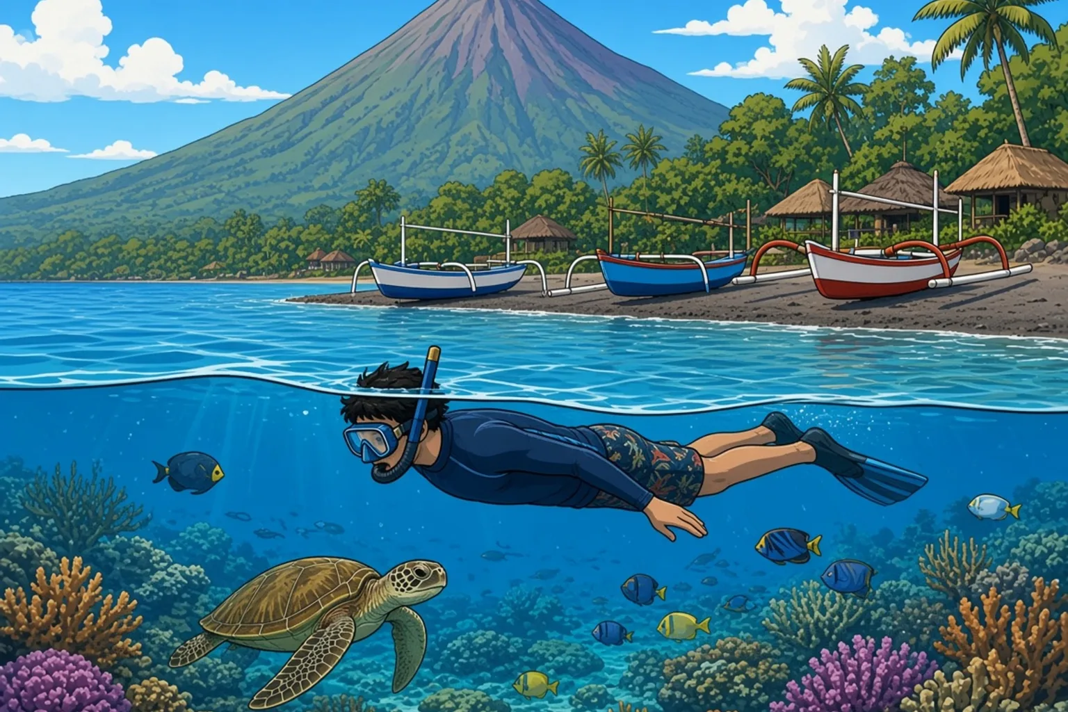 A snorkeler floating over colourful coral in the calm water of Jemeluk Bay in Amed, with traditional jukung outrigger boats on the black-sand beach and Mount Agung rising behind.