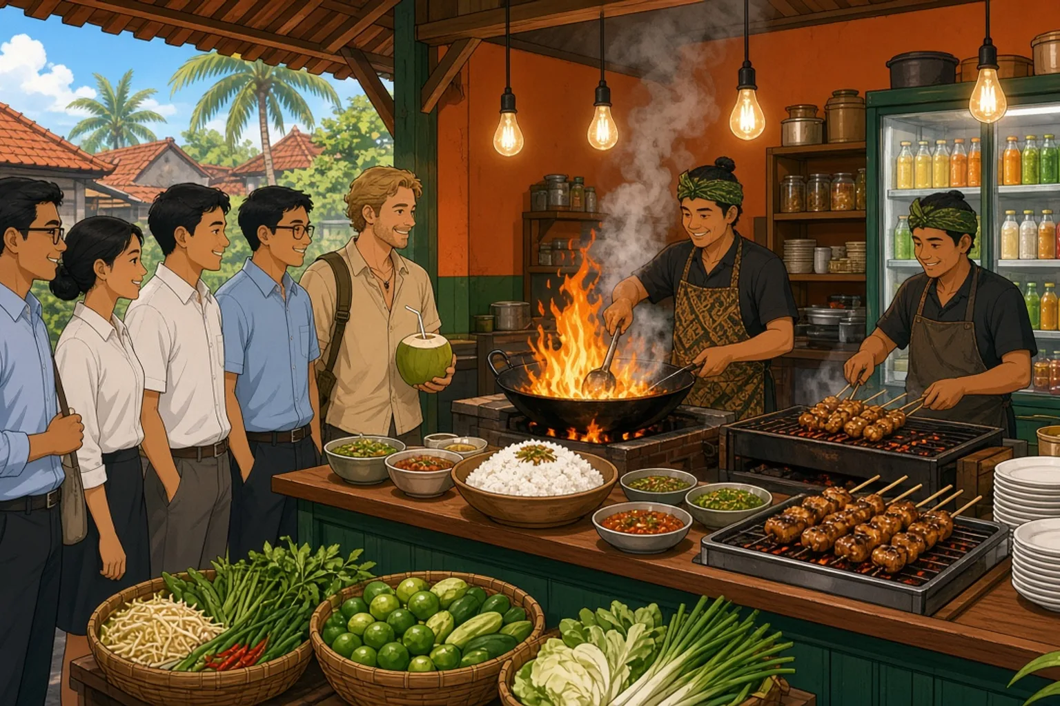 A busy Balinese warung kitchen in Sanur with a cook grilling satay and stir-frying over a high flame, steam rising from fresh food and a queue of local customers waiting, illustrating that hot, freshly cooked food from a busy place is the safer choice.