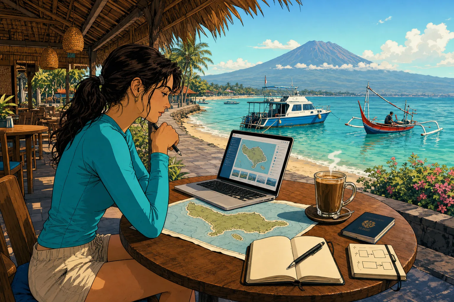 Cel-shaded illustration of a female traveler in her early 30s in a turquoise rashguard planning her Bali scuba diving trip itinerary at a Sanur beachside warung, with an open laptop showing a stylised Bali map, a printed paper map of Bali, an open dive logbook, a passport, a glass of Balinese coffee, and a small notebook with hand-drawn schedule boxes, the calm turquoise Sanur lagoon and a Neptune Scuba dive boat behind her, with the silhouette of Mount Agung volcano in the distance.