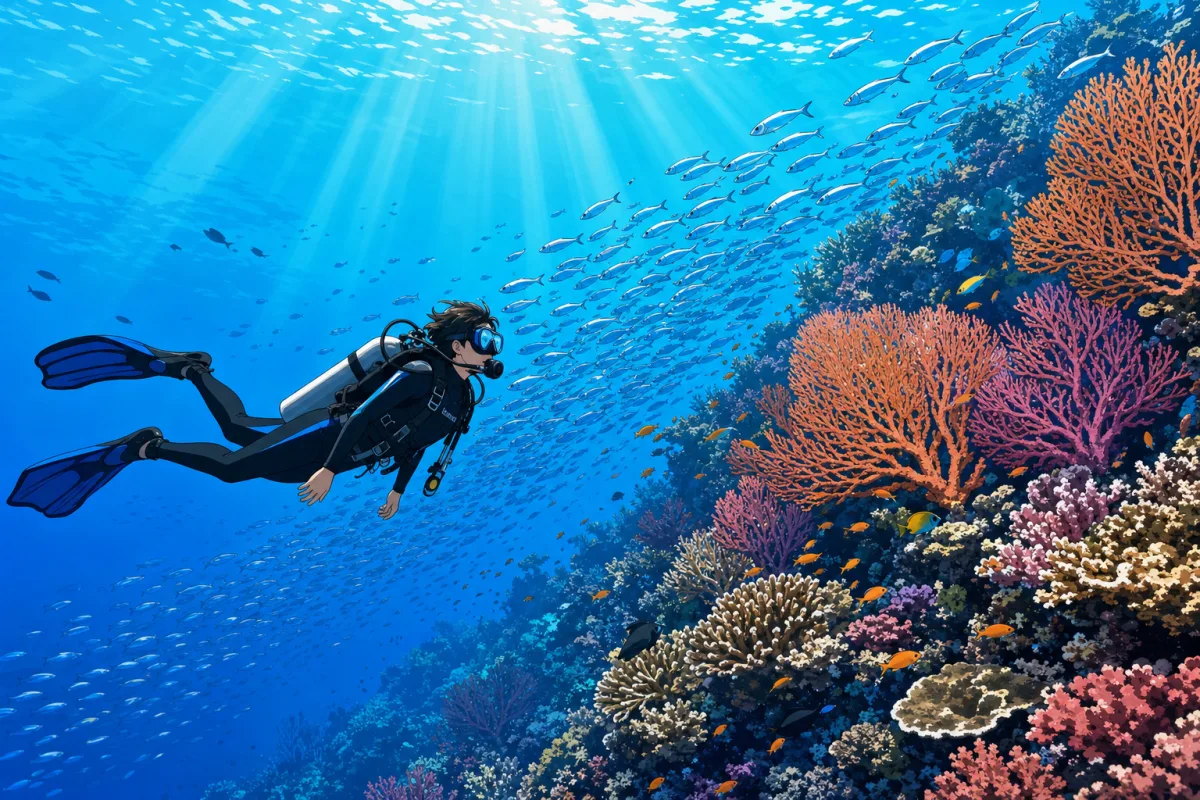 Cel-shaded illustration of ideal Bali diving conditions: a scuba diver drifting effortlessly along a vibrant coral reef wall in crystal-clear turquoise water with long visibility, sun rays piercing the surface, schooling fusiliers streaming past in the gentle current.