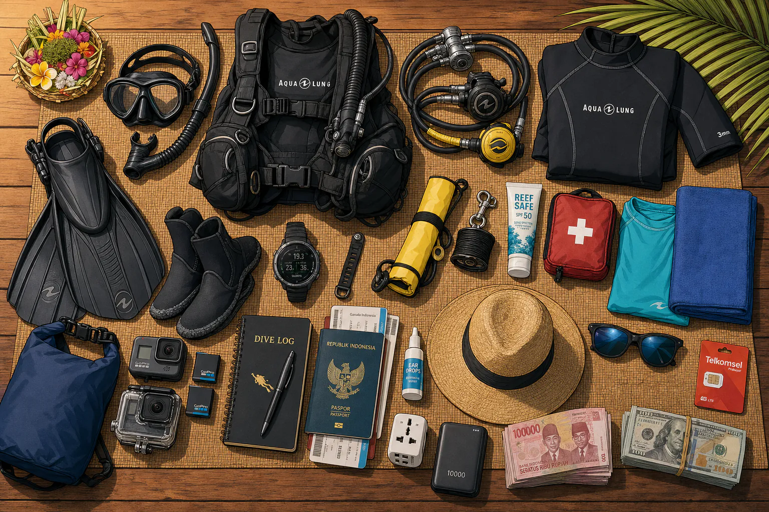 Flat-lay overhead view of a complete scuba diving packing kit ready for a Bali trip: black dive mask and snorkel, regulator and computer, BCD, 3mm wetsuit, fins, reef-safe sunscreen, dive log, passport, prescription medication kit, reef hook, GoPro and spare batteries, microfibre towel, dry bag, reef boots, all neatly arranged on a wooden surface with palm leaves and a Balinese offering basket in the corner.