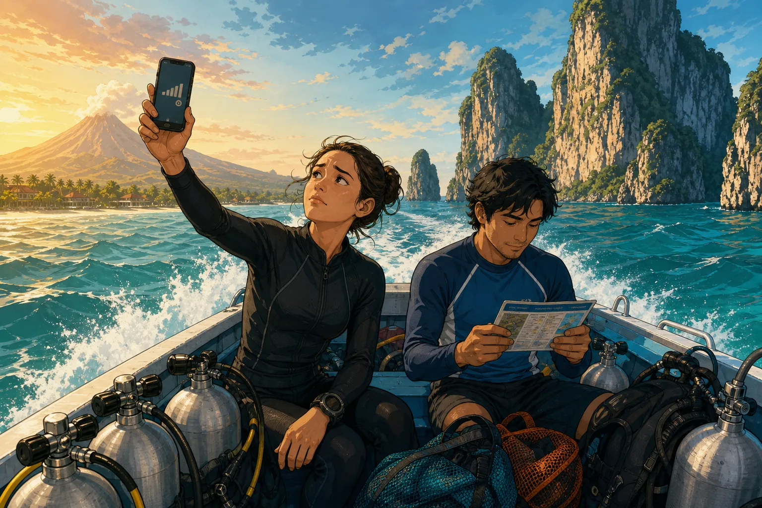 Cel-shaded illustration of two divers on a fast dive boat crossing to Nusa Penida at dawn, one holding a phone up to the sky showing no signal bars while the other reads a dive briefing card, with a volcano and the Bali shoreline behind and limestone cliffs ahead
