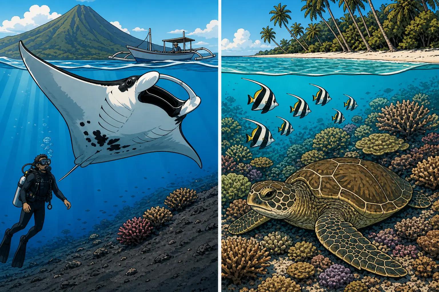 Cel-shaded split illustration comparing Bali and Gili Islands diving, with a scuba diver and an oceanic manta ray over black volcanic sand below Mount Agung on the Bali side, and a green sea turtle resting on shallow turquoise coral below a palm-fringed white sand beach on the Gili side