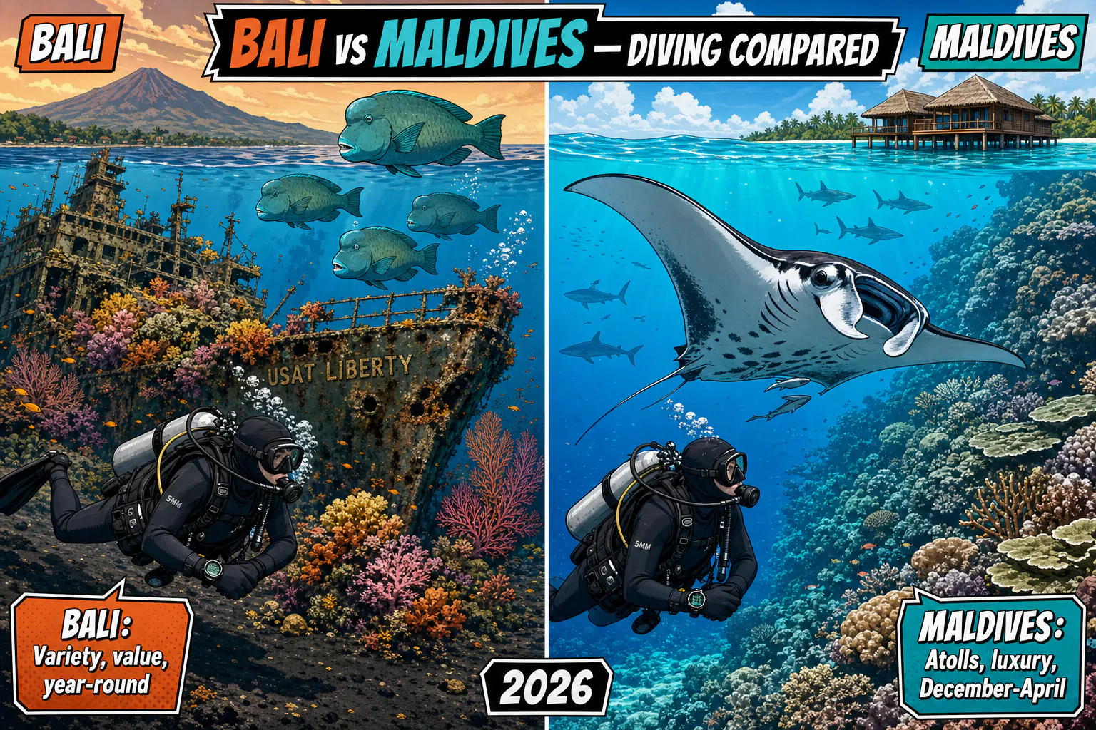 Split-frame cel-shaded illustration comparing Bali and Maldives diving: left side shows a diver at the USAT Liberty wreck Tulamben surrounded by coral and bumphead parrotfish in Bali; right side shows a manta ray gliding over a crystal-clear atoll reef in the Maldives with a luxury overwater bungalow silhouette on the horizon.