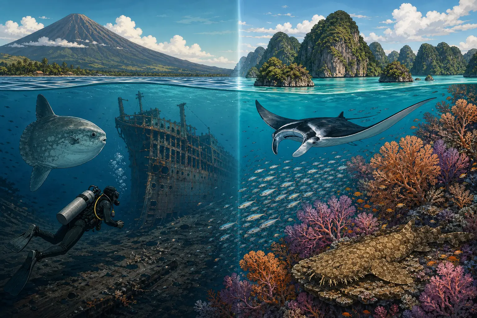 Split illustration comparing Bali and Raja Ampat diving, with a diver and a mola mola beside the USAT Liberty wreck on black volcanic sand below Mount Agung on the Bali side, and an oceanic manta ray and camouflaged tasselled wobbegong over dense soft coral below jungle-covered karst islands on the Raja Ampat side