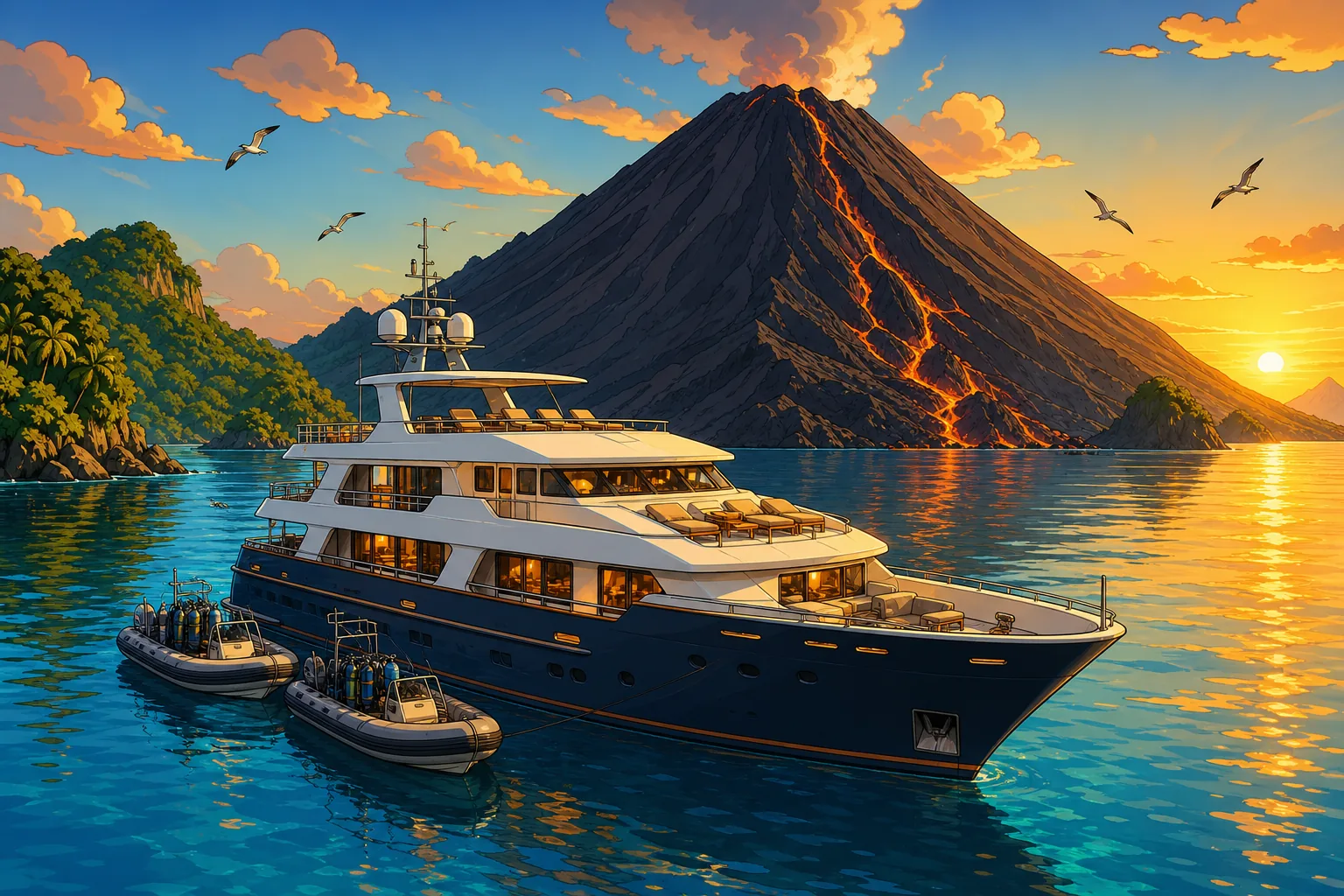 Cel-shaded illustration of the King Neptune liveaboard yacht anchored at golden hour beneath a steep active volcano in the Banda Sea, with two dive tenders loaded with scuba tanks moored alongside, glassy sunset water and jungle-covered islets in the background.