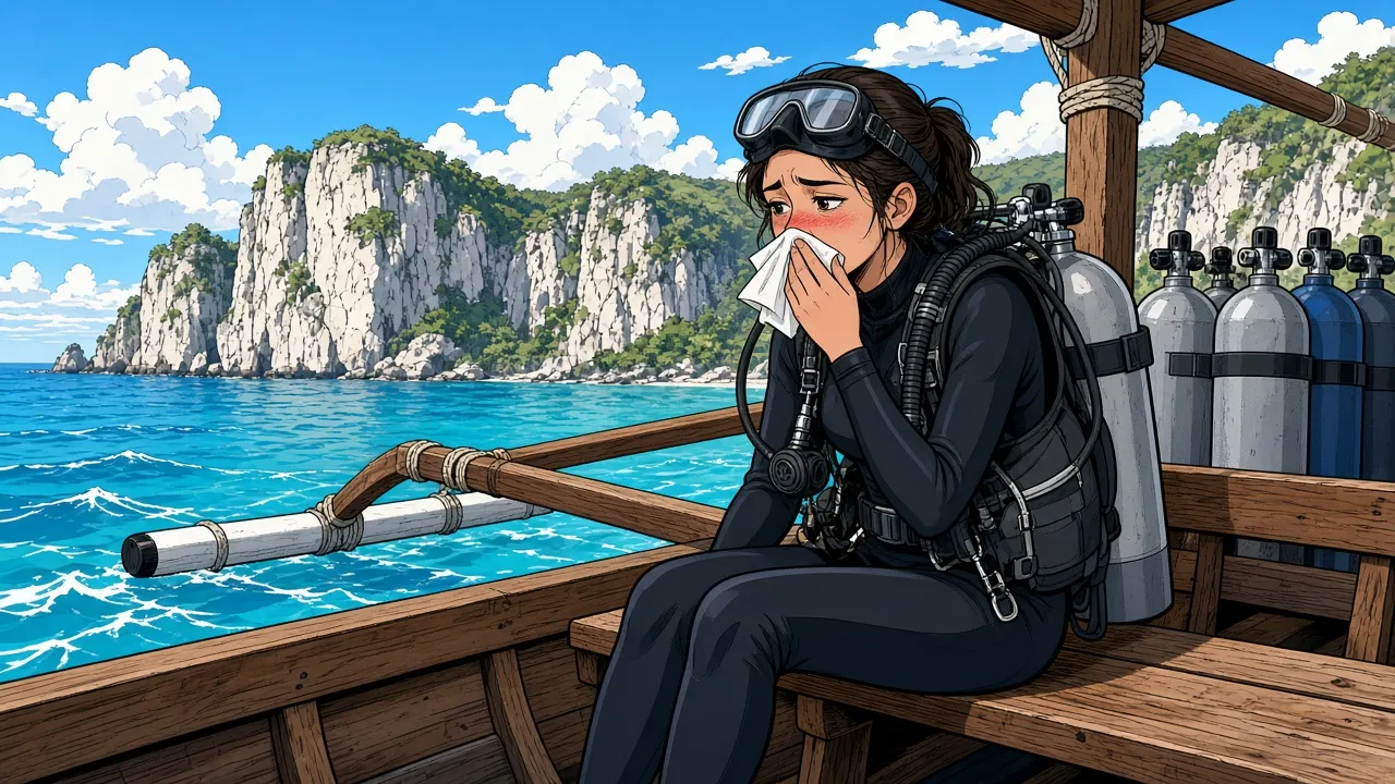 A scuba diver in a wetsuit sitting on the edge of a Balinese dive boat holding a tissue to a blocked nose, looking doubtfully at the turquoise water, with the white cliffs of Nusa Penida behind.