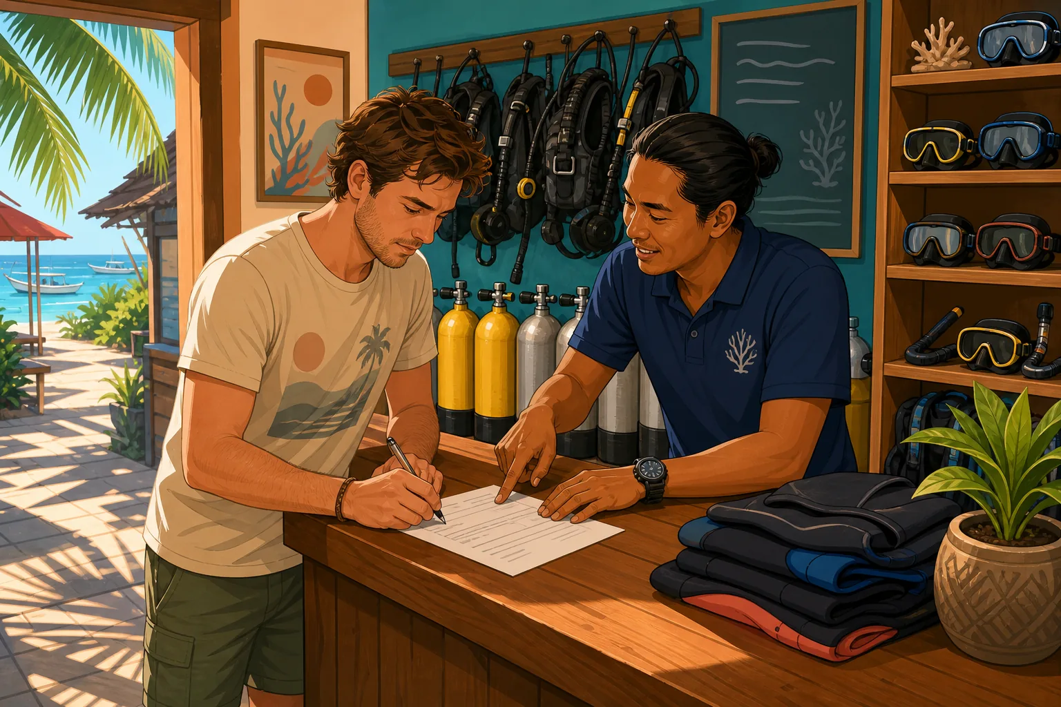 Traveller filling in a scuba diving medical questionnaire at the counter of a dive centre in Sanur, Bali, with an instructor explaining the form and dive gear on racks behind