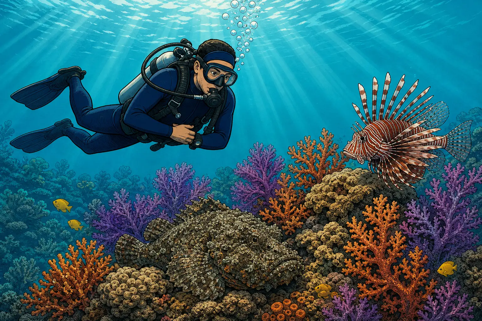 Cel-shaded illustration of a scuba diver hovering in good trim above a Bali reef with hands tucked in, keeping clear of a camouflaged stonefish on the bottom and a lionfish with fanned venomous spines beside a coral head.