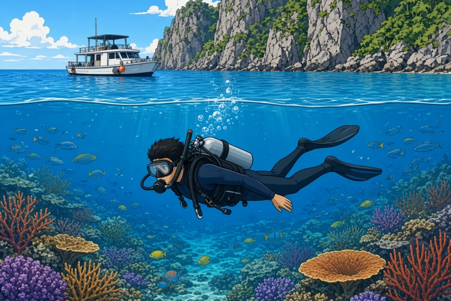 A scuba diver swimming above a colourful coral reef in clear blue water in Raja Ampat, with sea fans, table corals and reef fish below, and a dive boat and jungle-covered limestone cliffs above the waterline.