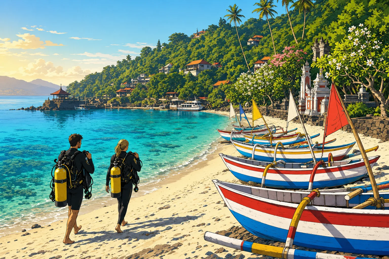 Cel-shaded illustration of Blue Lagoon beach at Padang Bai in Bali at sunrise, two scuba divers in black wetsuits carrying yellow aluminium tanks walk down a curve of white sand toward turquoise water, with a row of traditional Balinese jukung outrigger fishing boats lined up on the beach and the green hillside village with frangipani and small temples behind.