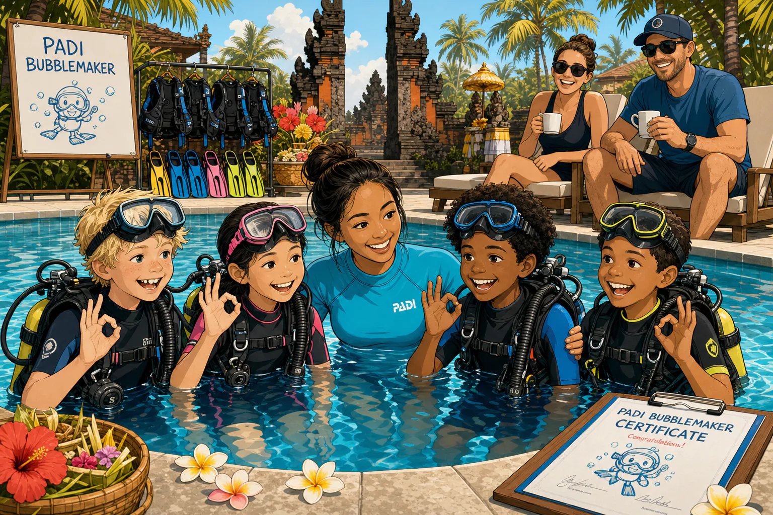 Cel-shaded illustration of a friendly PADI instructor in turquoise rashguard kneeling in a shallow tropical resort swimming pool with a small group of four children (ages 8 to 12, mixed nationalities, all wearing kid-sized scuba masks and small BCDs with tanks), all smiling and giving the OK signal, with two parents watching encouragingly from the pool deck holding coffee cups. Palm trees, a Balinese temple gate, hibiscus flowers and warm afternoon sunlight in the background. The pool deck has small kid-sized fins, miniature BCDs, and a PADI Bubblemaker certificate visible.