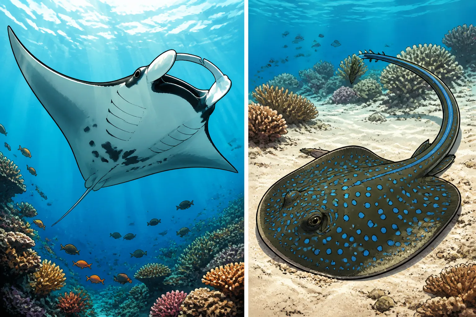 Cel-shaded comparison of a reef manta ray with no barb swimming in blue water beside a blue-spotted stingray on sand with a visible venomous barb on its tail