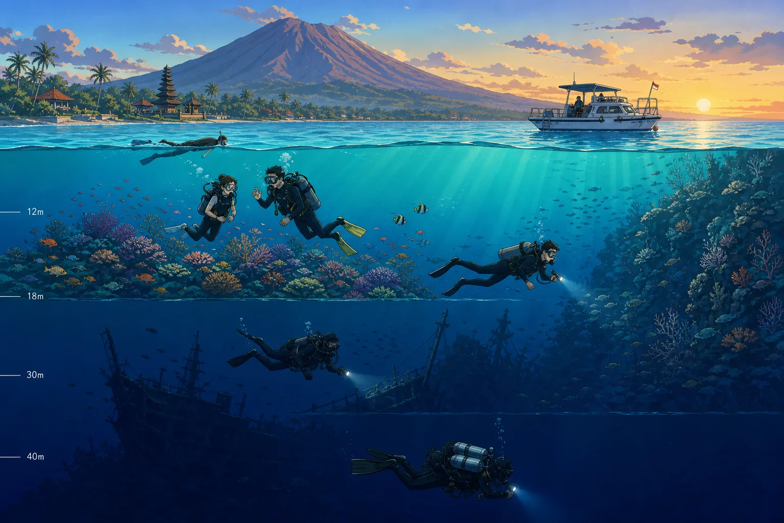 Cel-shaded cross-section illustration of the ocean off Bali showing scuba divers at different depths: a snorkeller at the surface, a try diver at 12 metres over a coral garden, an Open Water diver at 18 metres beside a reef wall, an Advanced diver at 30 metres near a shipwreck, and a technical diver with twin tanks at 40+ metres in deep blue water, with depth markers along the side and Mount Agung visible above the waterline.