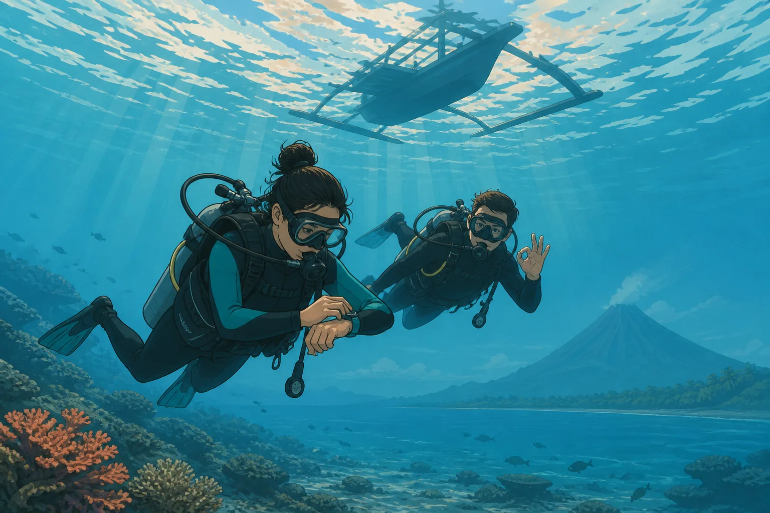 Cel-shaded illustration of two divers hanging at a five metre safety stop in clear blue water, one checking a dive computer while the other holds a slow steady position, with the silhouette of a dive boat on the surface above and the Bali coastline and a volcano in the far distance