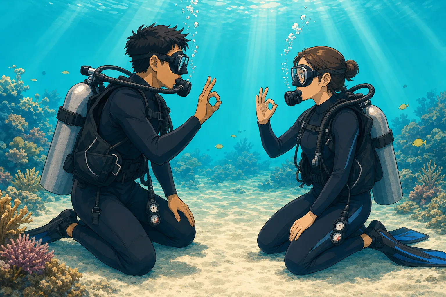 Scuba instructor kneeling on the sand in shallow tropical water in Bali exchanging the OK hand signal with a student diver, both with regulators in their mouths during an Open Water training dive