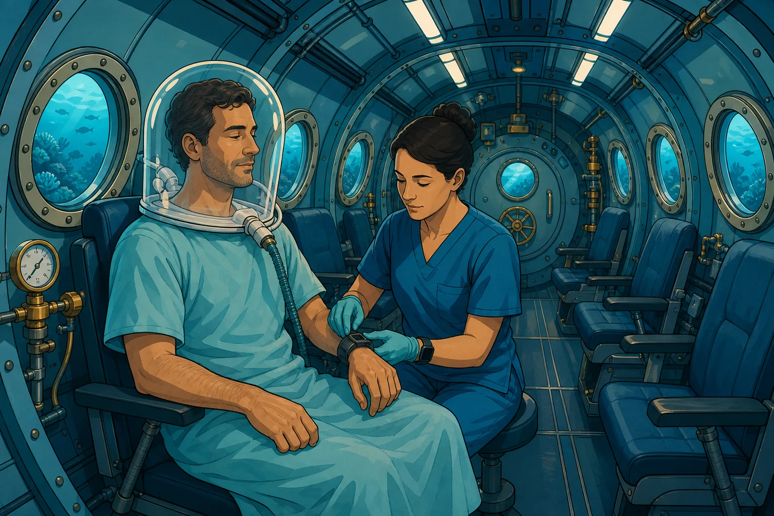 Cel-shaded interior view of a multi-place hyperbaric recompression chamber in Bali with a calm diver patient breathing oxygen through a clear hood while a hyperbaric attendant in scrubs monitors their wrist