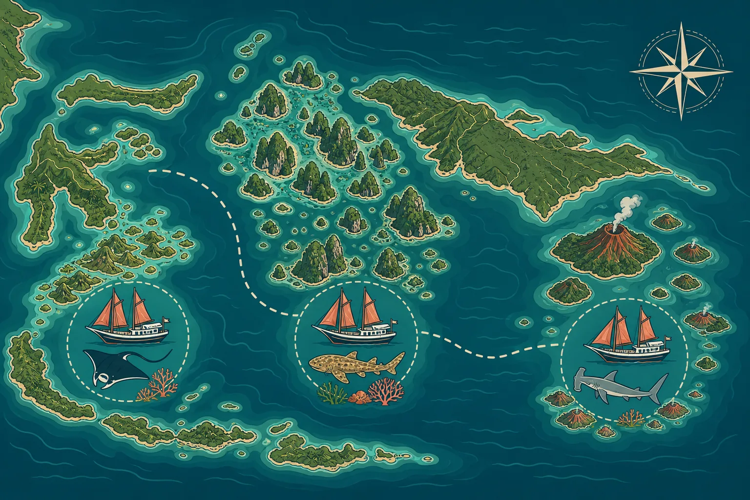 Stylised top-down map of eastern Indonesia showing the three main liveaboard regions: Komodo National Park with a phinisi and a manta, Raja Ampat with its karst islands and a wobbegong, and the Banda Sea with a volcanic island and a hammerhead.