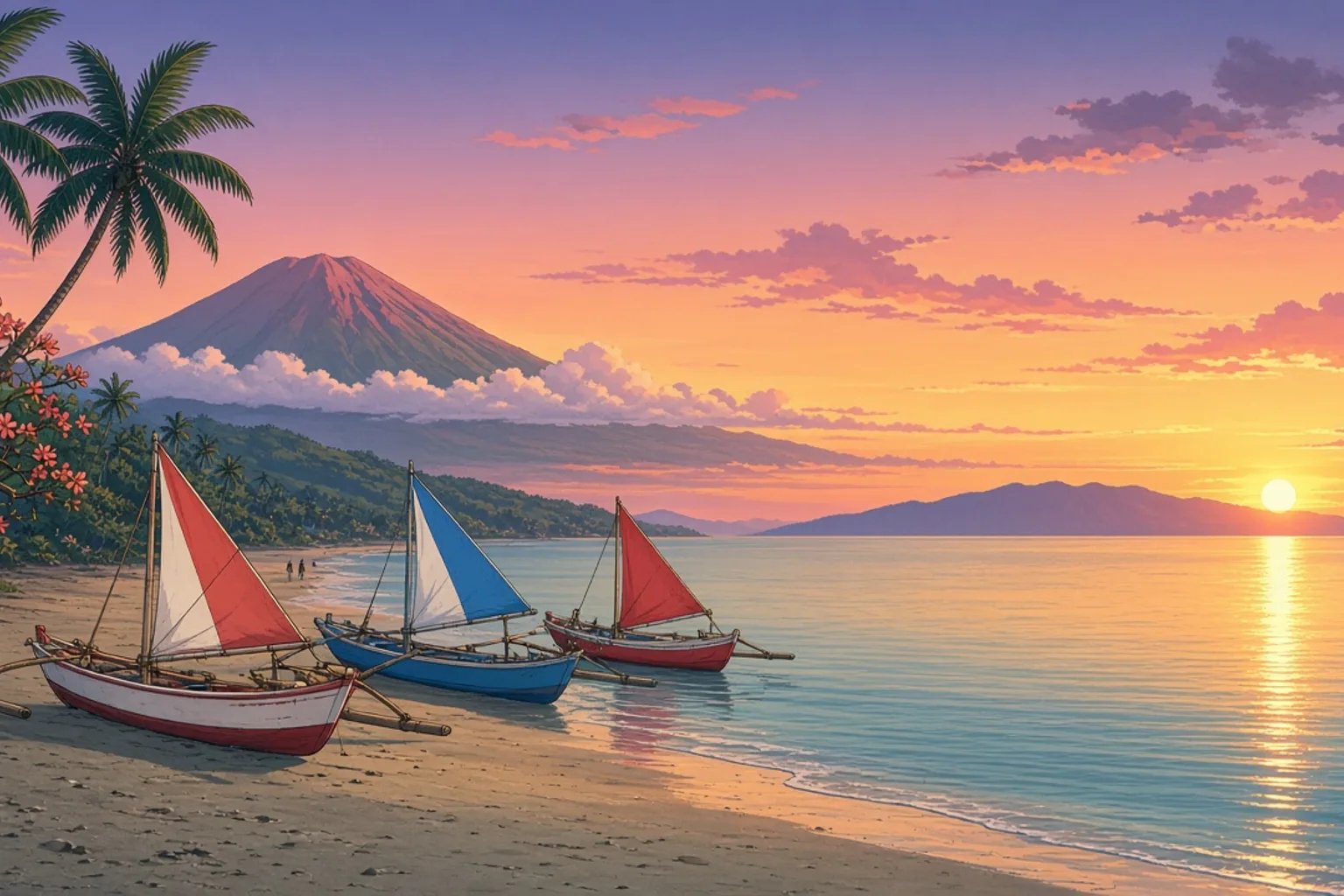 Sunrise over Sanur beach in Bali, with traditional jukung outrigger fishing boats pulled up on the sand, the silhouette of Nusa Penida across the water and Mount Agung catching the first light to the north east.
