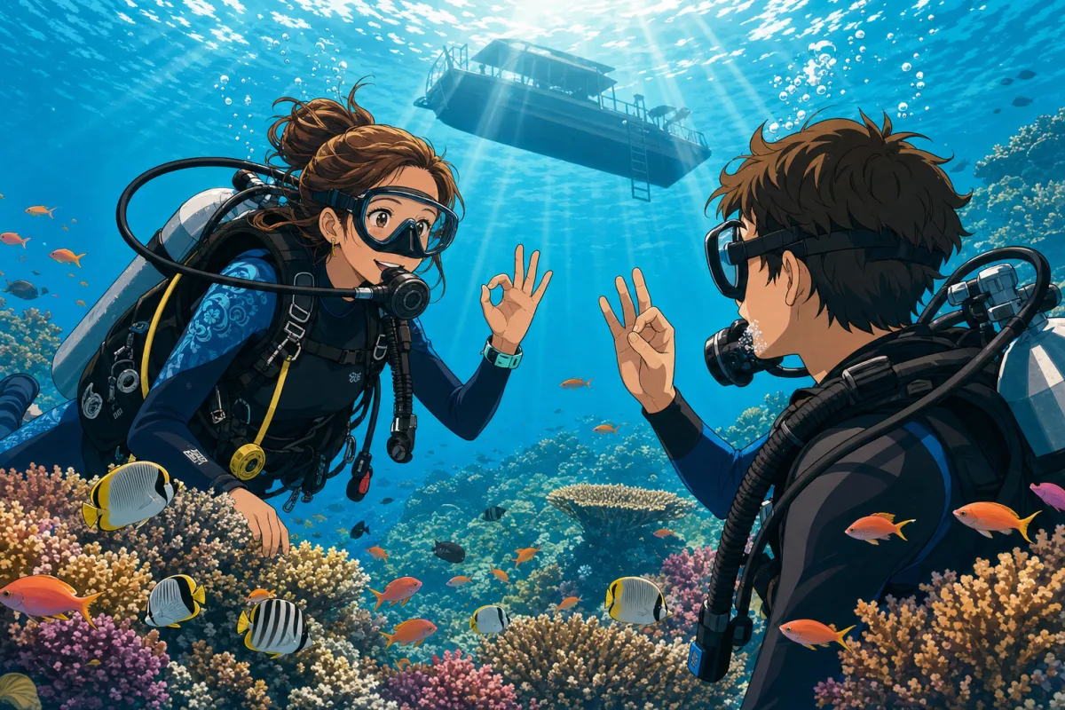 Cel-shaded illustration of a calm, reassuring scuba scene in Bali: a smiling instructor holds eye contact with a relaxed new diver at five metres depth over a bright healthy coral garden, both giving the OK hand signal, sunbeams streaming down through clear turquoise water, small colourful reef fish around them and a dive boat hull visible at the surface.