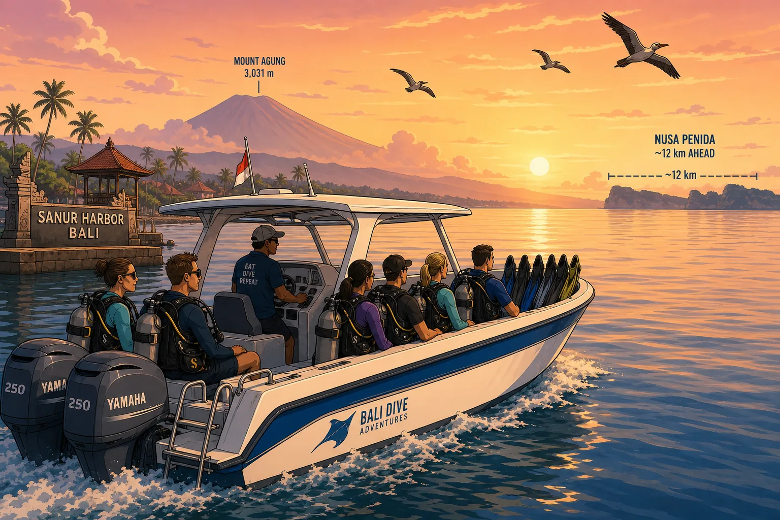 Cel-shaded illustration of a modern white-and-blue dive speedboat with twin Yamaha outboards leaving Sanur harbour at sunrise, six divers in rashguards seated along the gunwales with stacked dive gear, the captain at the wheel, Mount Agung volcano silhouetted in the pink-orange dawn sky behind, the cliffs of Nusa Penida visible 12 km ahead on the horizon, seabirds overhead. Cel-shaded flat colours with bold outlines.