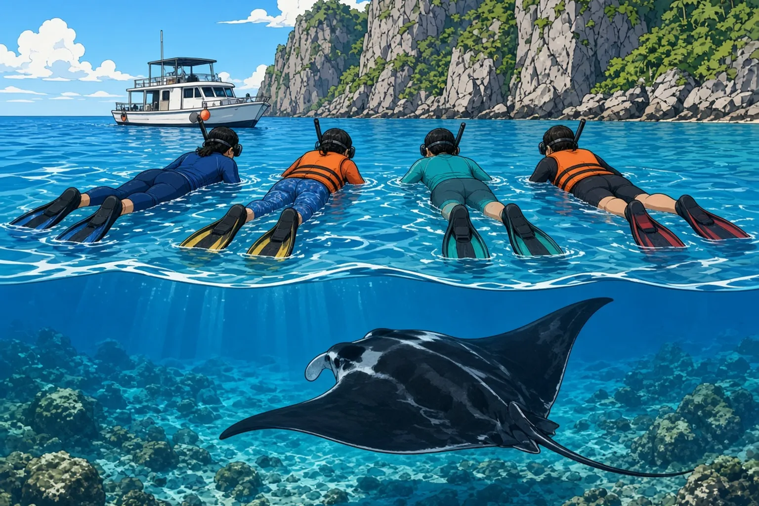 Four snorkelers floating face-down at the surface of deep blue water at Manta Point, Nusa Penida, their backs and snorkel tips above the waterline, watching a large reef manta ray glide below them, with a white dive boat waiting nearby and tall limestone cliffs behind.