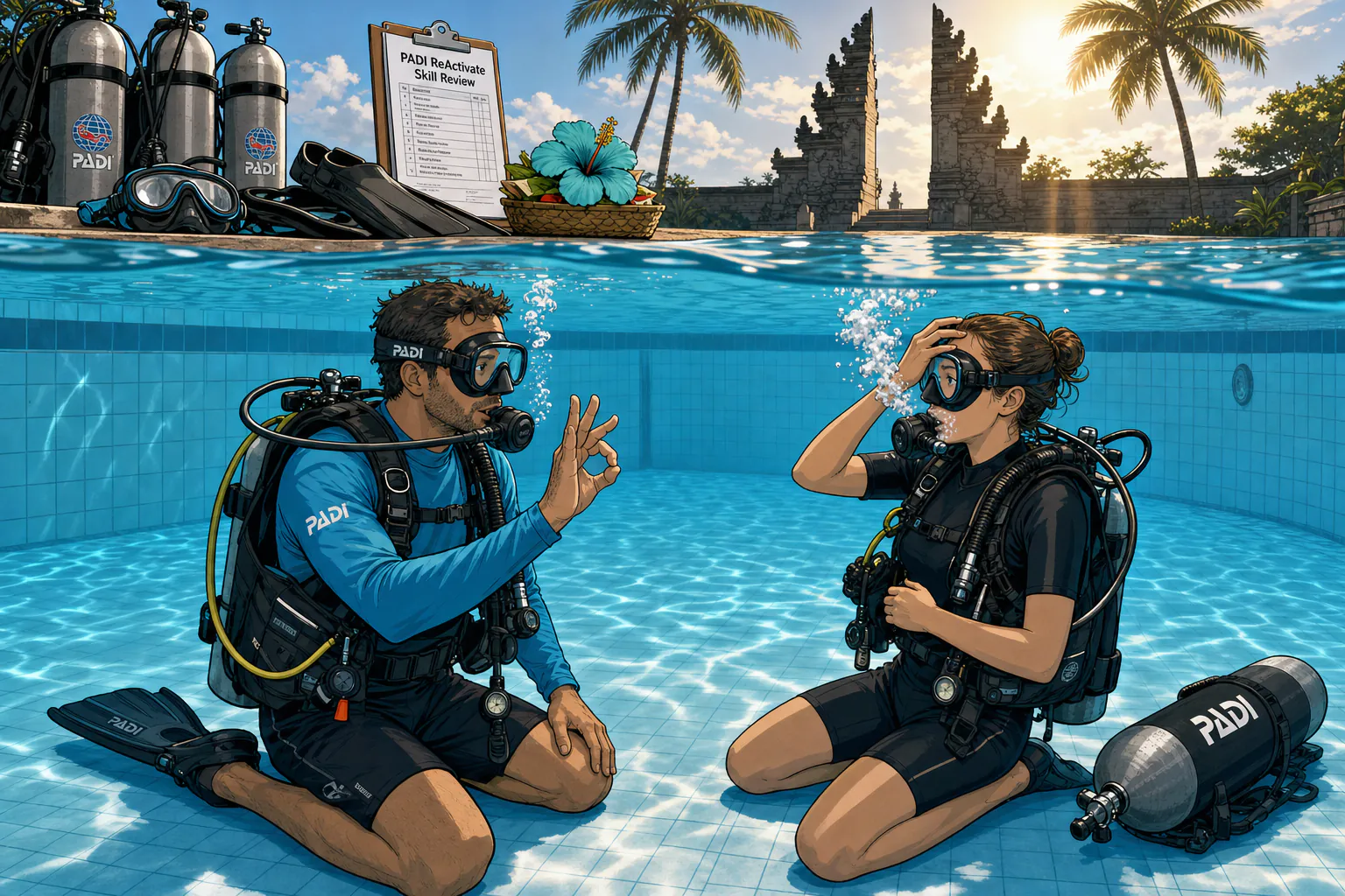 Cel-shaded illustration of a PADI instructor in turquoise blue rashguard kneeling on the bottom of a tropical resort swimming pool next to a returning diver in black wetsuit and full scuba kit, both calmly running through a mask-clearing and regulator-recovery skill review. Palm trees and a Bali Hindu temple gate visible through the pool fence in the background, with scuba tanks, fins, and a clipboard with the PADI ReActivate checklist lined up on the pool deck. Warm afternoon sunlight, clear blue pool water, friendly reassuring atmosphere.