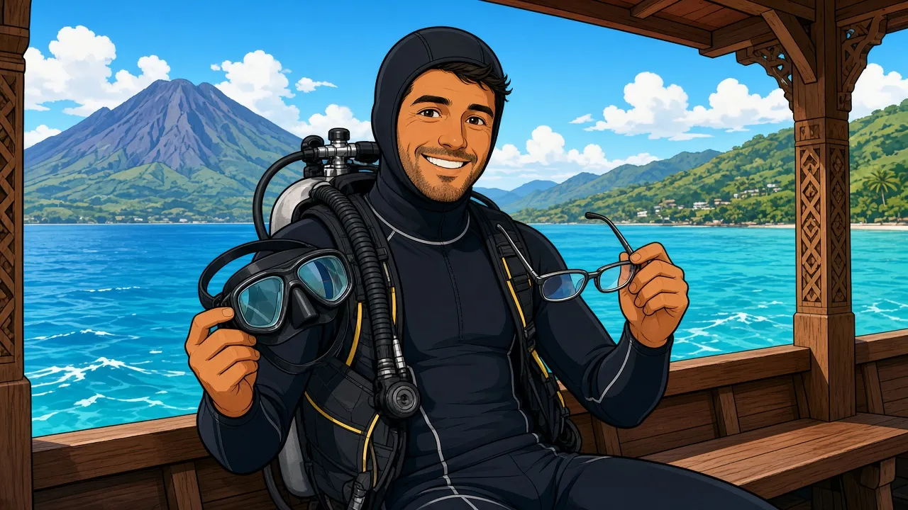 A smiling scuba diver in a black wetsuit sitting on a Balinese dive boat, holding a prescription dive mask in one hand and folded everyday glasses in the other, with Mount Agung and turquoise sea behind.