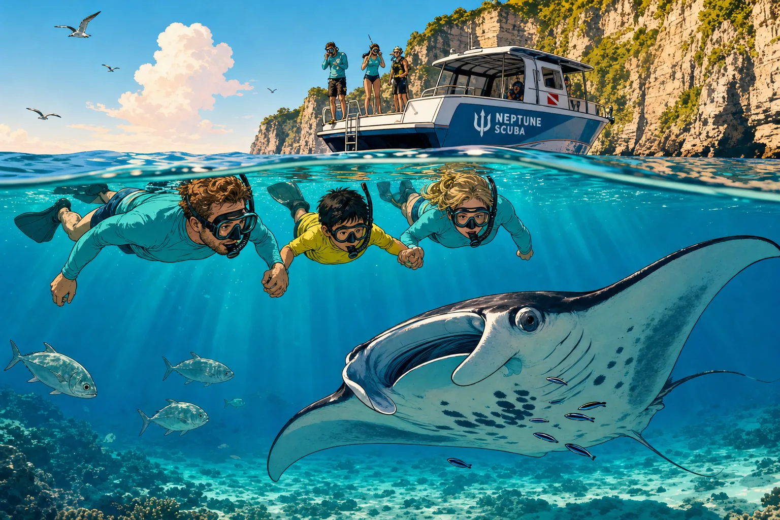 Cel-shaded split-level illustration of a family of three snorkelers in turquoise and yellow rashguards floating at the surface at Manta Bay on Nusa Penida island in Bali, with an oceanic manta ray with a 4-metre wingspan gliding gracefully beneath them, the limestone cliffs of southern Nusa Penida and a Neptune Scuba snorkel boat visible above the waterline.