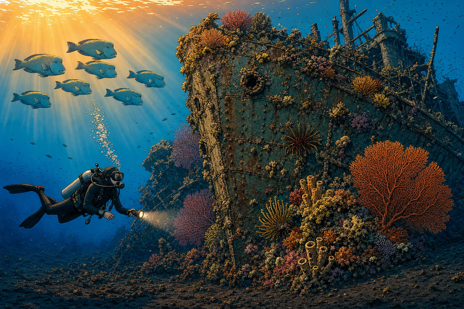A diver in horizontal trim swimming alongside the coral-encrusted bow section of the USAT Liberty wreck at Tulamben Bali at dawn, with a large school of bumphead parrotfish passing overhead and warm sunrise light filtering down through the blue water.