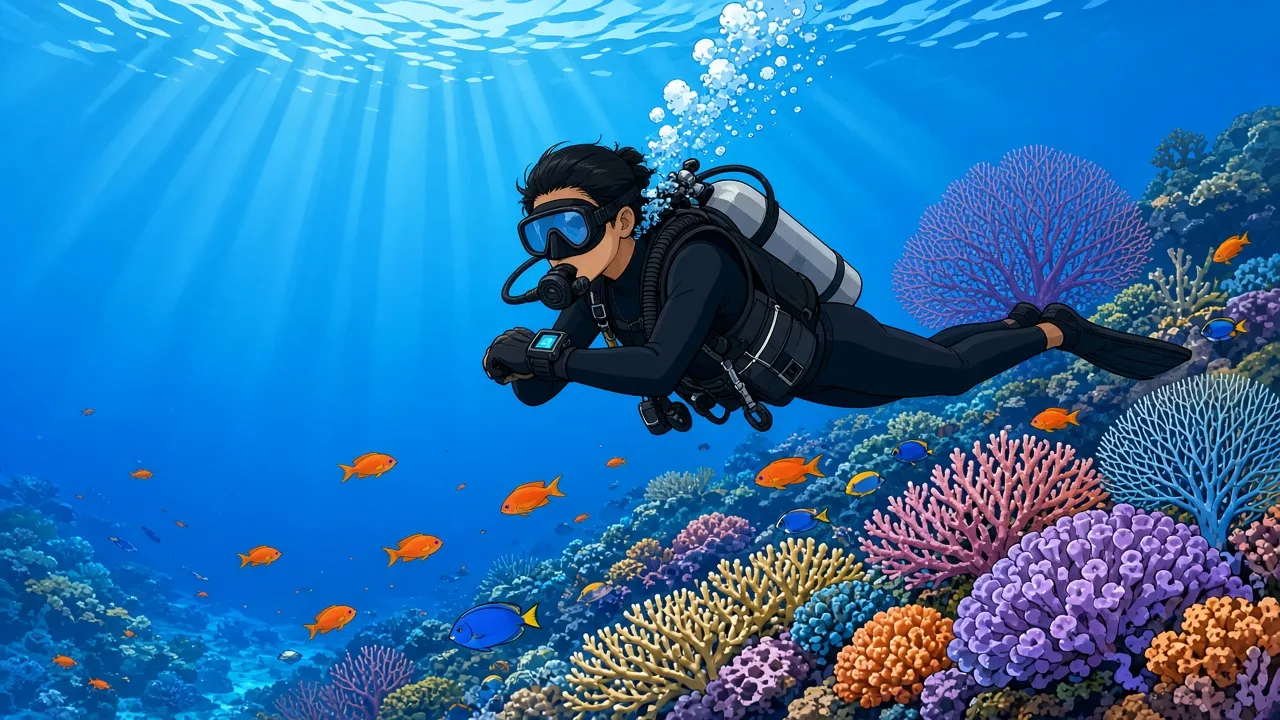 A scuba diver in a black wetsuit hovering horizontally over a colourful Bali coral reef, raising one arm to read the glowing screen of a wrist-mounted dive computer as sunbeams fall through the blue water.