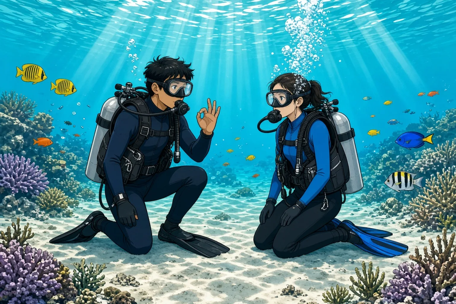 A scuba instructor and a first-time diver kneeling side by side on white sand in shallow, sunlit tropical water off Sanur, Bali, the student breathing from a regulator for the first time with a stream of silver bubbles rising towards the surface, the instructor giving an OK hand signal, small reef fish and coral heads around them.